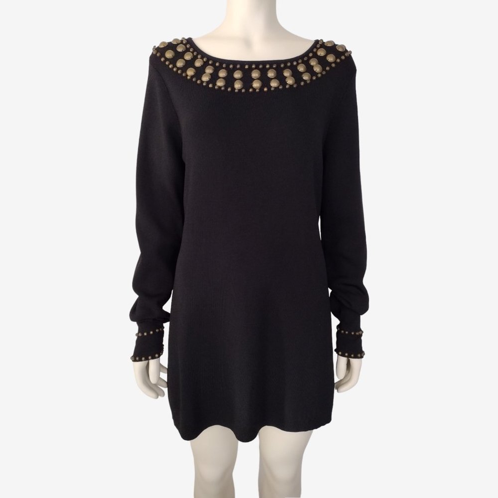 Grace Black Boat Neck Long Sleeved Beaded Fitted Stretch Knit Mini Dress